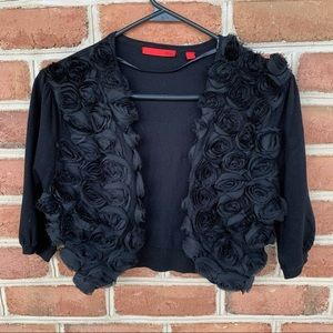 Rose covered black cropped cardigan, no buttons Brand RED size medium